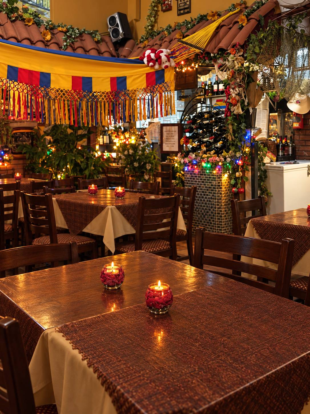 Dining room detail with a woven hammock, Colombian flag colors, greenery, string lights and candle-lit tables.