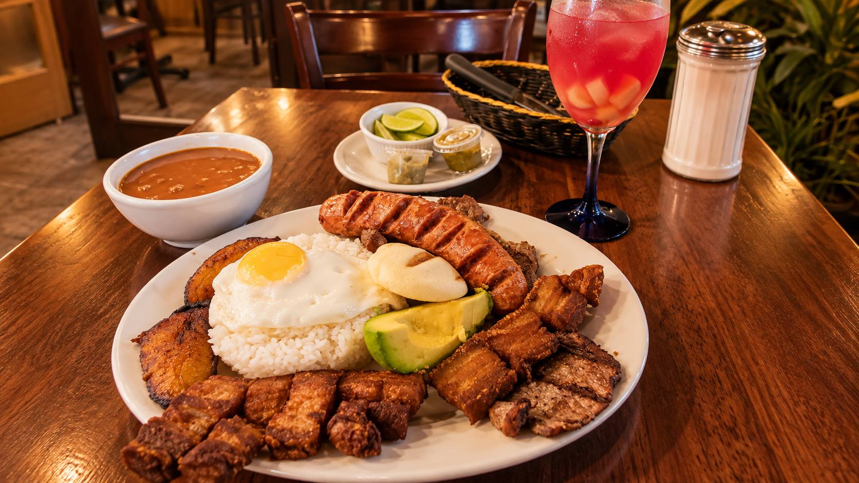 Platter with white rice, fried egg, sausage, pork belly, grilled beef, avocado, sweet plantain and arepa, with a bowl of beans.