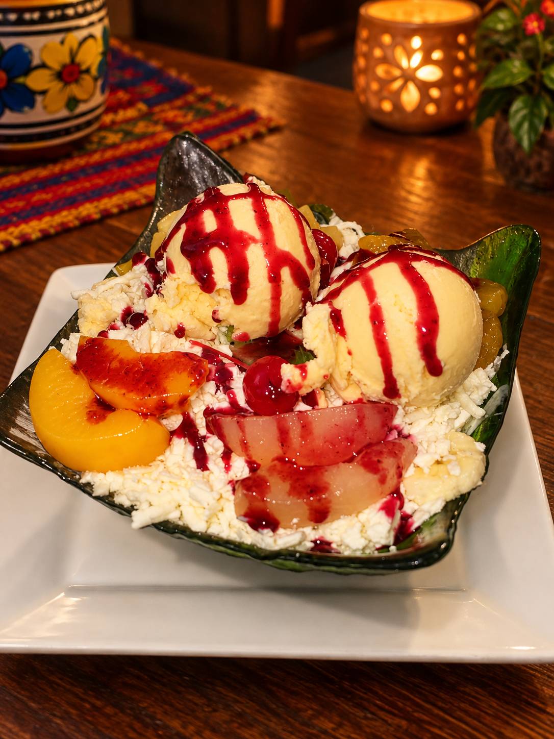 Fruit dessert with peach and pear slices, grated cheese, two scoops of ice cream and red syrup.