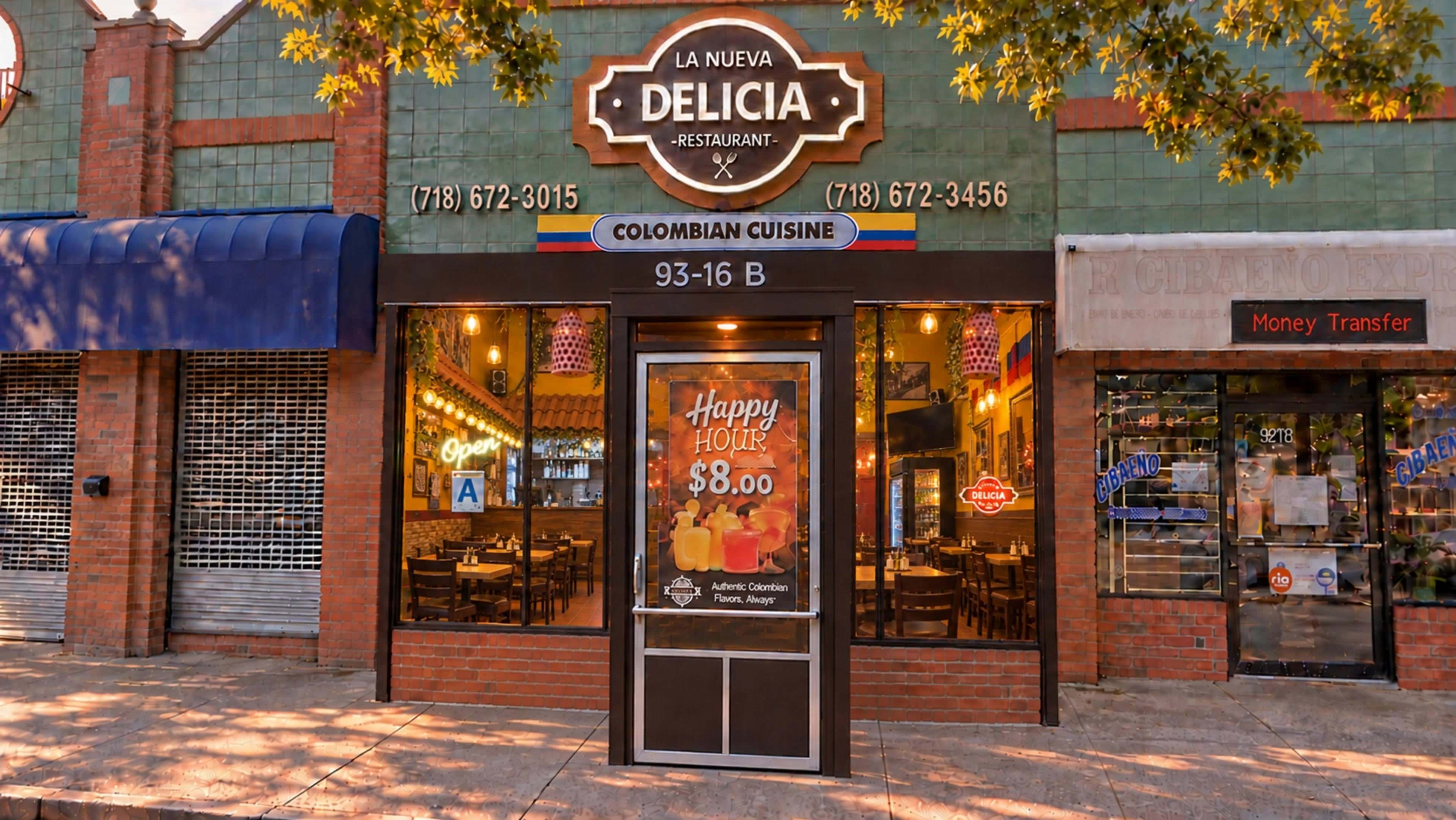 La Nueva Delicia storefront on 37th Avenue: green tiled facade, lit sign, and glass entrance with the dining room visible inside.